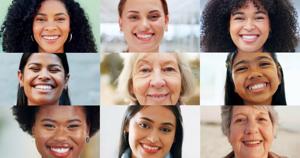 Volti di donne di età ed etnie diverse sorridono in una composizione a griglia. Primo piano, autenticità e attenzione allo sguardo nel contesto digitale. Zoom, filtri e sguardi in primo piano: perché oggi la blefaroplastica parla anche alle più giovani” – Gennaio 2026 By Centro Medico Chirurgico Matteotti.
